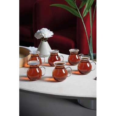 6lı Keyfi Ala Borosilikat Cam Kulplu Çay Bardağı