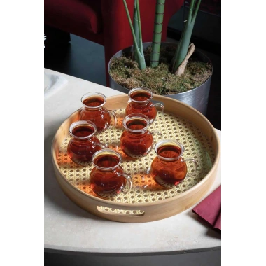 6lı Keyfi Ala Borosilikat Cam Kulplu Çay Bardağı