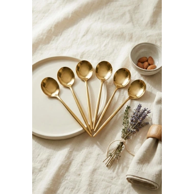 6lı Lüks Gold Paslanmaz Çelik Tatlı Kaşığı Seti (16 cm)