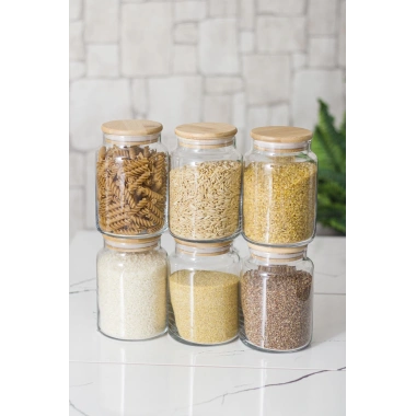 6 Lı Set Bambu Kapaklı Cam Kavanoz & Erzak Saklama Kabı 800 ml Orta  Boy ( Vakum Kapak )