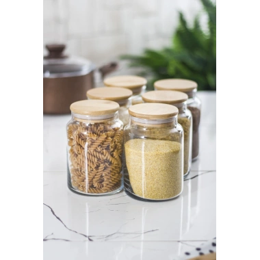 6 Lı Set Bambu Kapaklı Cam Kavanoz & Erzak Saklama Kabı 800 ml Orta  Boy ( Vakum Kapak )