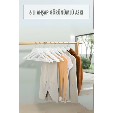 6’lı Ahşap Görünümlü Askı Beyaz 44 cm