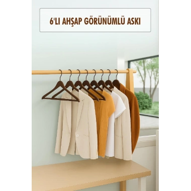 6’lı Ahşap Görünümlü Askı Kahve 44 cm