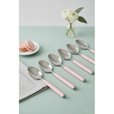 6’lı Paslanmaz Çelik Tatlı Kaşığı Seti Somon Pembe Saplı 15 cm
