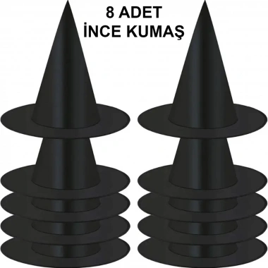 8 Adet Siyah Cadı Şapkası – Yetişkin  Çocuk Kostüm Aksesuarı