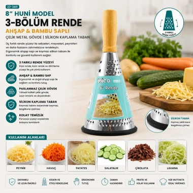 8 İNÇ - HUNİ MODEL   AHŞAP - BAMBU SAPLI  METAL RENDE  SİLİKON TABANLI (5468)