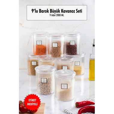 9lu Barok Yuvarlak Büyük Kavanoz Seti & Saklama Kabı & Erzak Kabı (9*2000 ML)