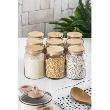 9 Lu Set Bambu Kapaklı Cam Kavanoz & Erzak Saklama Kabı 800 ml Orta  Boy ( Vakum Kapak )