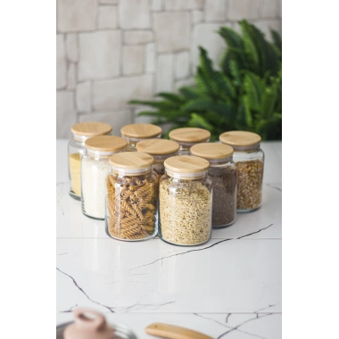 9 Lu Set Bambu Kapaklı Cam Kavanoz & Erzak Saklama Kabı 800 ml Orta  Boy ( Vakum Kapak )