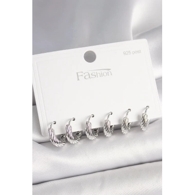 925 Ayar Gümüş Çivi Pirinç Gümüş Renk İşlemeli Halka Model Kadın Küpe Seti