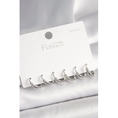 925 Ayar Gümüş Çivi Pirinç Gümüş Renk Kalp İşlemeli Halka Model Kadın Küpe Seti