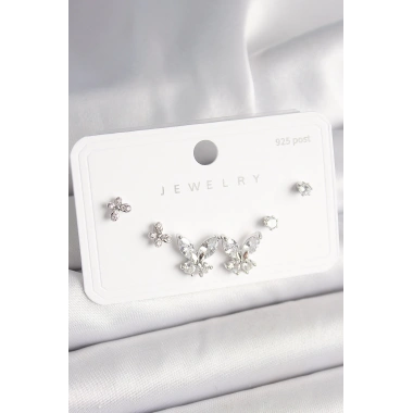 925 Ayar Gümüş Çivi Pirinç Zirkon Taşlı Kelebek Model Kadın Küpe Seti