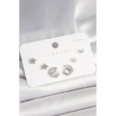 925 Ayar Gümüş Çivi Zirkon Taşlı Hilal Yıldız Model Kadın Küpe Seti