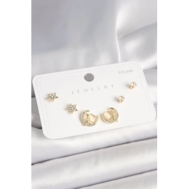 925 Ayar Gümüş Çivi Zirkon Taşlı Hilal Yıldız Model Kadın Küpe Seti