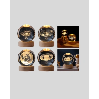 Ahşap Tabanlı 3D Satürn Kristal Küre Atmosfer Lambası