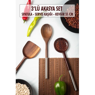 Akasya 3 lü Servis Kaşığı & Servis Kevgiri & Servis Spatulası & Salata Servis Seti