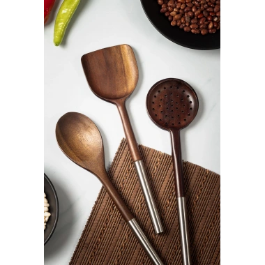 Akasya 3 lü Servis Kaşığı & Servis Kevgiri & Servis Spatulası & Salata Servis Seti
