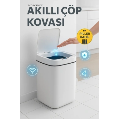 Akıllı Çöp Kovası, Büyük Boy 20 Litre, UV Işık ve Sensörlü, Haraket Algılayan, Sessiz Kapak