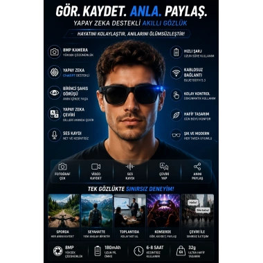Akıllı Gözlük Kameralı Mikrofonlu Hızlı Şarj Yapay Zeka Akıllı Çeviri 8MP Bluetooth
