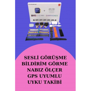 Akıllı Saat Bluetooth Kulaklık Hediyeli Bildirim Görme Sesli Görüşme Çoklu Kordon