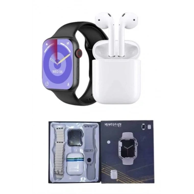 Akıllı Saat Gümüş Kasa Bluetooth Kulaklık Hediyeli Çok Fonksiyonlu İkili Set
