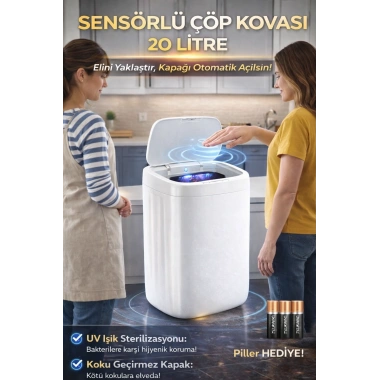 Akıllı Teknolojik Sensörlü Otomatik Açılan Kapak 20 Litre Çöp Kovası UV Işıklı