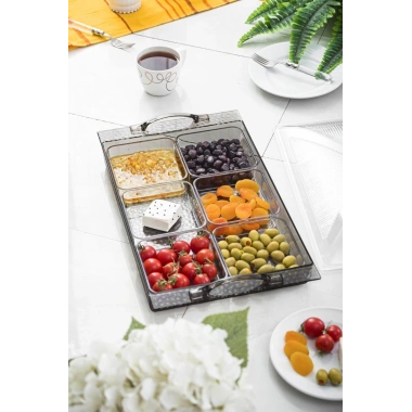 Akrilik Barok Füme 6 Bölmeli Tek Kapaklı Büyük Kahvaltılık