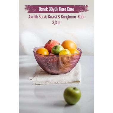 Akrilik Barok Mürdüm Büyük Kare Meyve & Salata Kasesi & Karıştırma Kabı / 3,3 Lt  (CAM DEĞİLDİR)