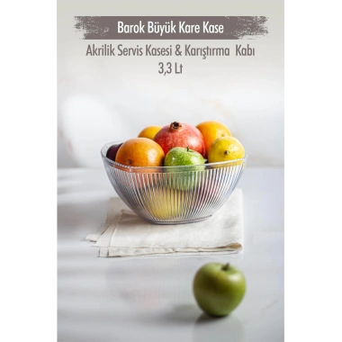 Akrilik Barok Şeffaf Büyük Kare Meyve & Salata Kasesi & Karıştırma Kabı / 3,3 Lt  (CAM DEĞİLDİR)