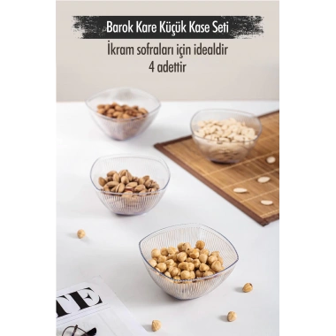 Akrilik Barok Şeffaf Kare 4lü Küçük Kase Seti & Çerezlik & Sunumluk & İkramlık (Cam Değildir) 6763DP4
