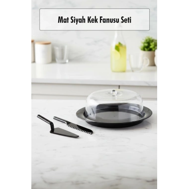 Akrilik Mat Siyah Kek Fanusu ve Servis Seti - 33 x 39 x 14 cm