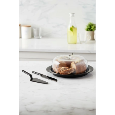 Akrilik Mat Siyah Kek Fanusu ve Servis Seti - 33 x 39 x 14 cm