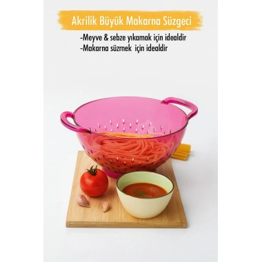 Akrilik Pembe Makarna Süzgeçi & Sebze Meyve Süzgeçi