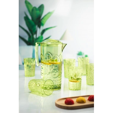 Akrilik Yeşil Sürahi 2,3 lt Ve 6lı & Su Meşrubat Kahve Yanı Bardağı 400 ml Seti ( Cam Değildir )