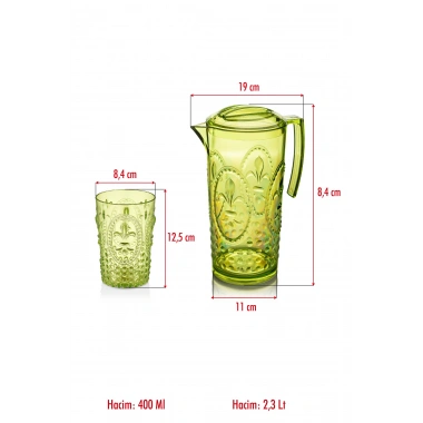 Akrilik Yeşil Sürahi 2,3 lt Ve 6lı & Su Meşrubat Kahve Yanı Bardağı 400 ml Seti ( Cam Değildir )