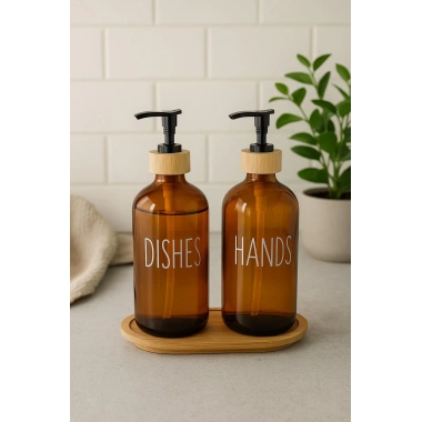 Amber Cam İkili Sıvı Sabunluk Seti 500 ml Bambu Altlıklı