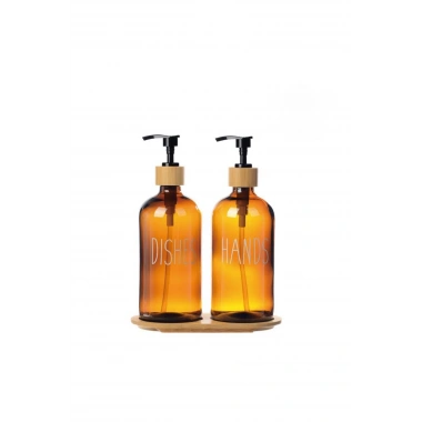 Amber Cam İkili Sıvı Sabunluk Seti 500 ml Bambu Altlıklı