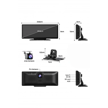 Android ve İOS Uyumlu Ön Arka Çift Kameralı Araç Ekranı Dokunmatik CarPlay