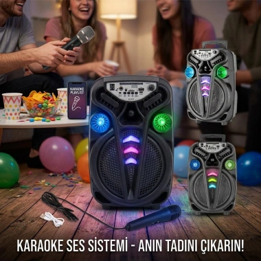 AO-835-832 KARAOKE MİKROFONLU WİRELESS HOPARLÖR - SPEAKER IŞIKLI USB ŞARJLI DC 5V - TF - AUX 8 INC INCH PL-4681 (5468)
