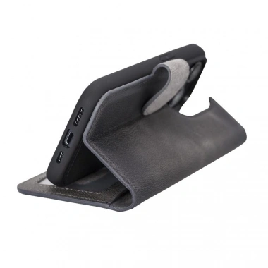 Apple iPhone 14 Pro Uyumlu Deri Cüzdanlı Kılıf MWWN VS4EF Gri