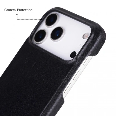 Apple iPhone 17 Pro Max için, Hakiki Deri, El Yapımı Kılıf, Magsafe ile uyumlu, İç Yüzeyi Kadife, Kömür Siyah