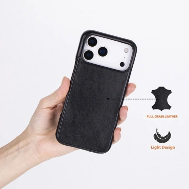 Apple iPhone 17 Pro Max için, Hakiki Deri, El Yapımı Kılıf, Magsafe ile uyumlu, İç Yüzeyi Kadife, Kömür Siyah