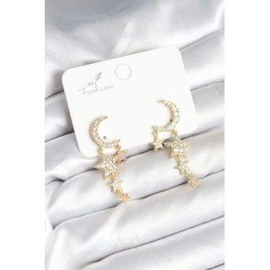Ay ve Yıldız Model Gold Renk Pirinç Kadın Küpe