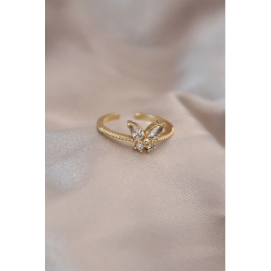 Ayarlamalı Altın Renk Metal Zirkon Taş ve Kristal Taşlı Kelebek Model Yüzük