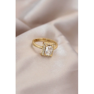 Ayarlamalı Gold Renk Metal Zirkon ve Kristal Taşlı Dikdörtgen Model Yüzük