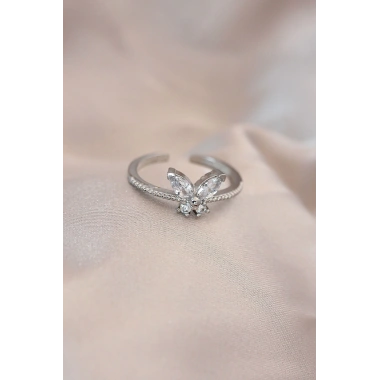 Ayarlamalı Gümüş Renk Metal Zirkon Taş ve Kristal Taşlı Kelebek Model Yüzük