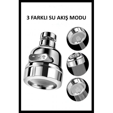 Basınçlı ve Sıçramasız 3 Modlu 360° Döner Krom Musluk Başlığı Evye Lavabo ve Çeşme Batarya Ucu