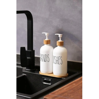 Beyaz Cam İkili Sıvı Sabunluk Seti 500 ml Bambu Altlıklı