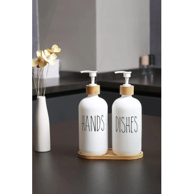 Beyaz Cam İkili Sıvı Sabunluk Seti 500 ml Bambu Altlıklı