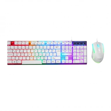 BEYAZ GÖKKUŞAĞI IŞIKLI USB KABLOLU OYUNCU KLAVYE - MOUSE SET (5468)